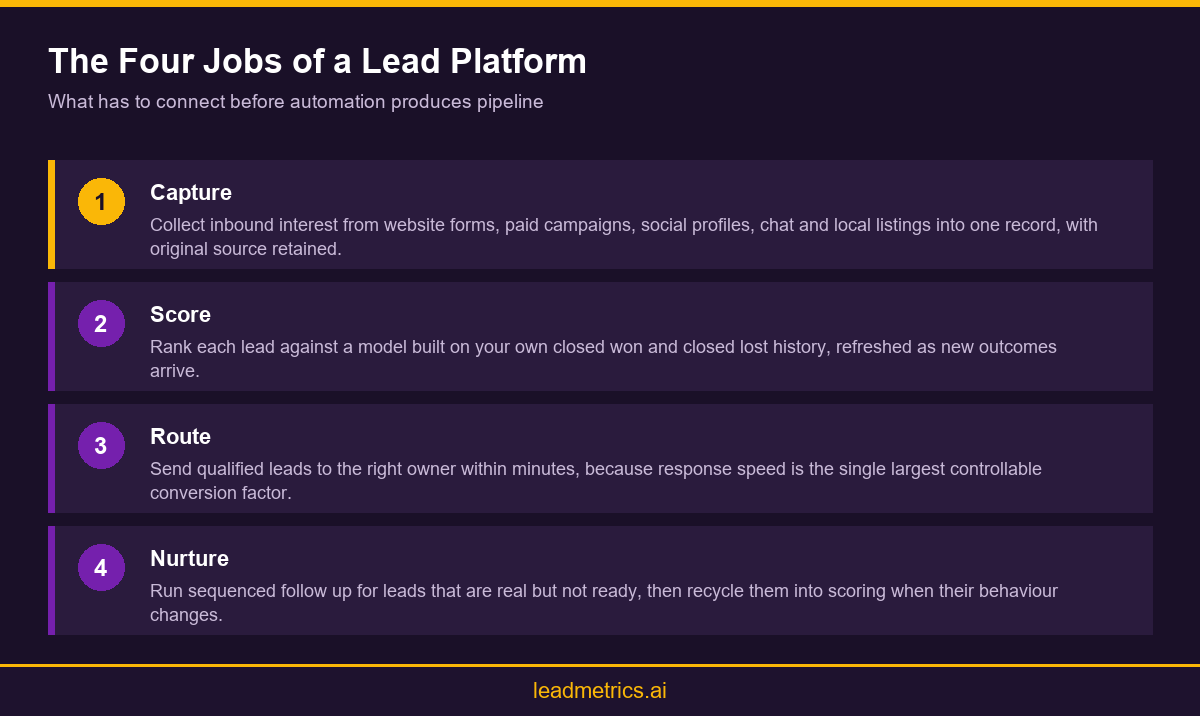 Infographic showing the four stages of automated lead handling: capture, score, route and nurture