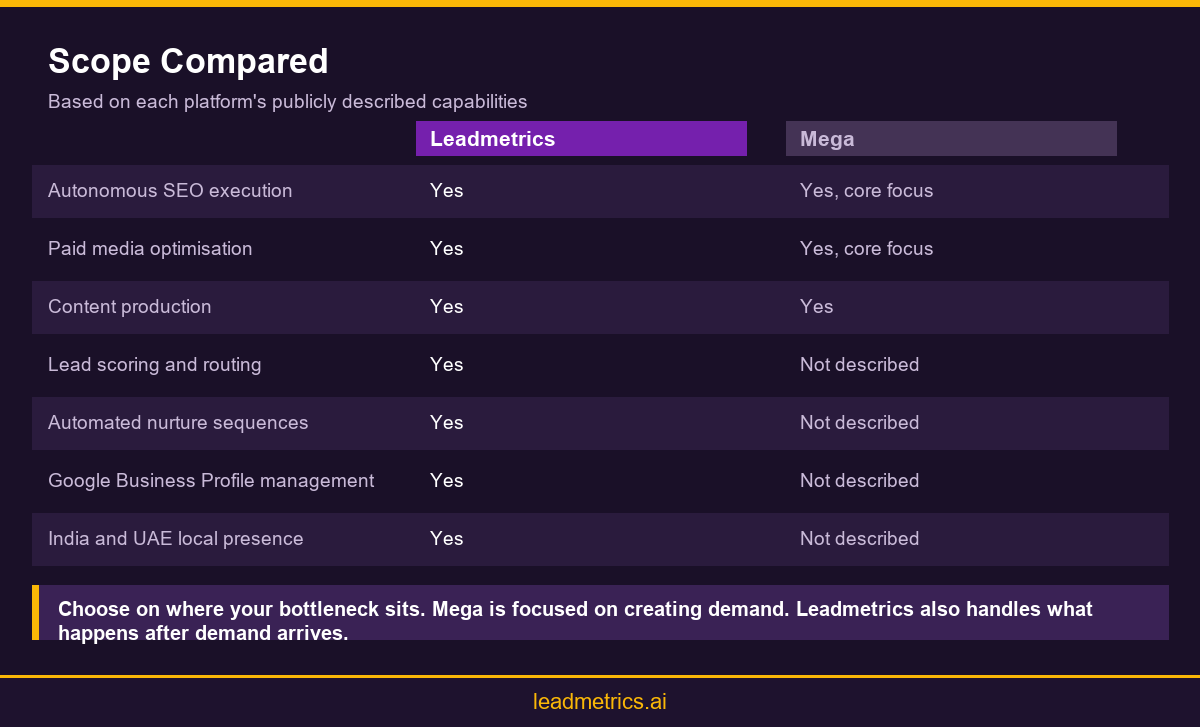 Comparison infographic showing scope differences between Leadmetrics and Mega