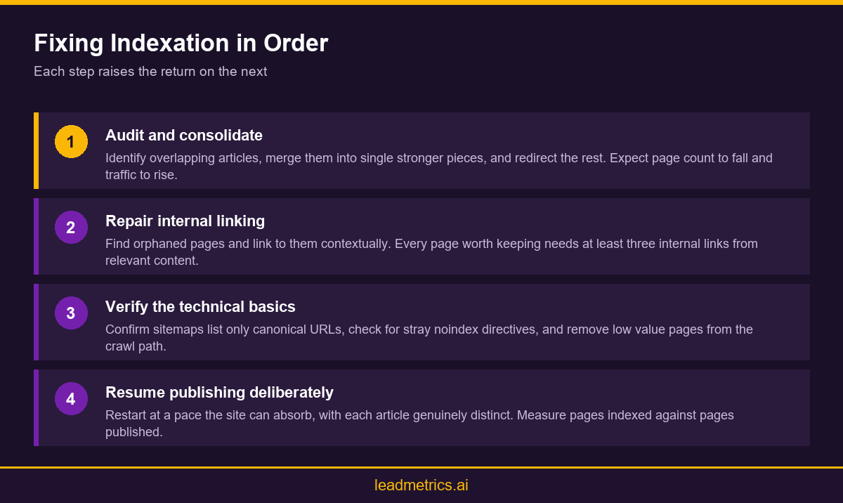 Infographic showing a four step sequence for fixing blog indexation problems