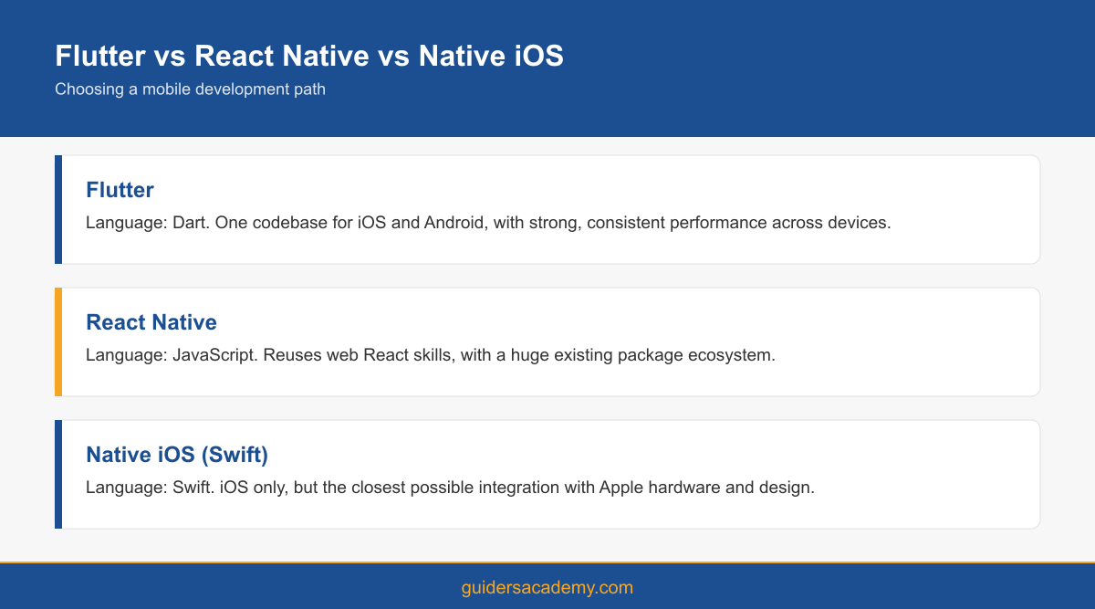 Comparison graphic of Flutter, React Native and native iOS across language, performance and best fit use case