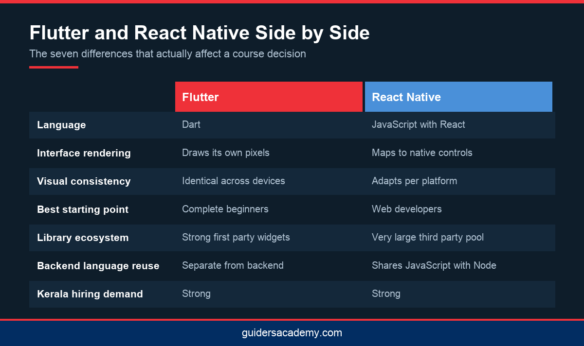 Comparison infographic of Flutter and React Native across language, rendering and hiring demand for a hybrid mobile app development course in Kerala