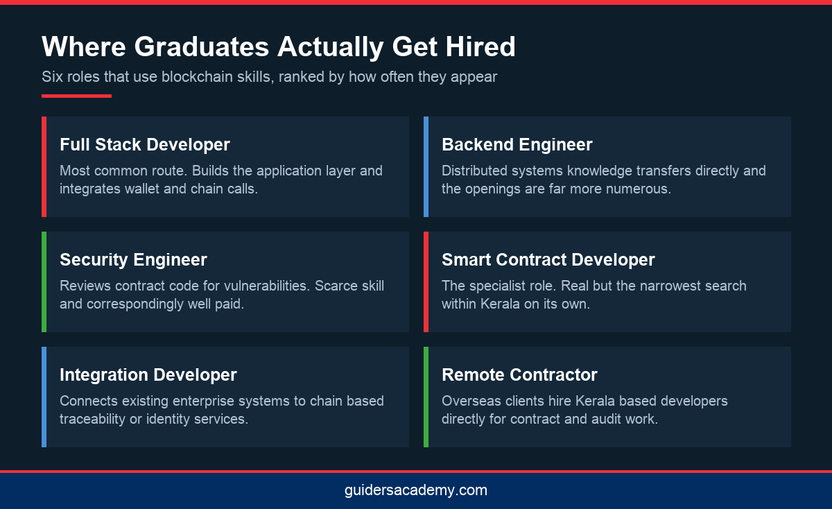 Infographic listing six job roles open to graduates of a blockchain course in Kerala, from full stack developer to smart contract specialist