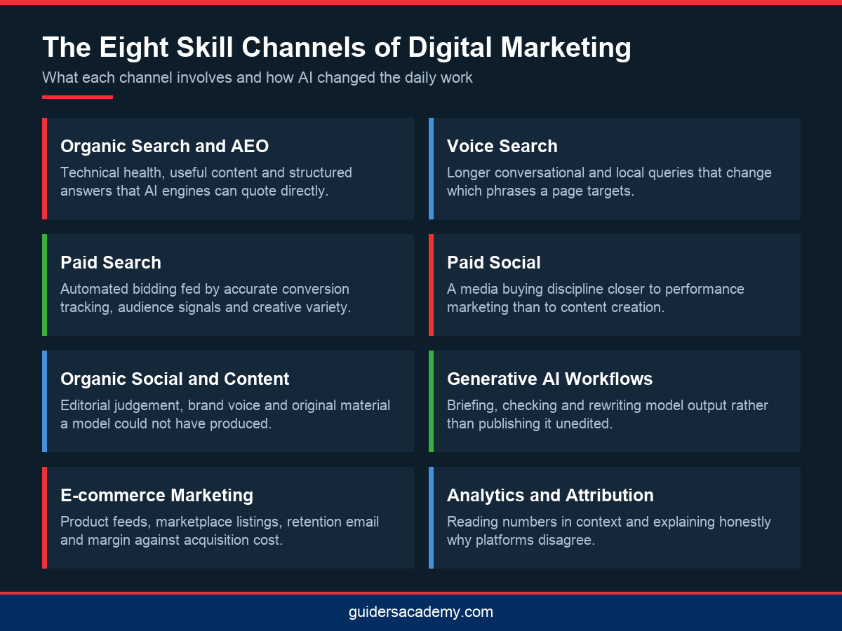 Infographic mapping the eight skill channels covered by AI driven digital marketing courses in Kerala from SEO to attribution