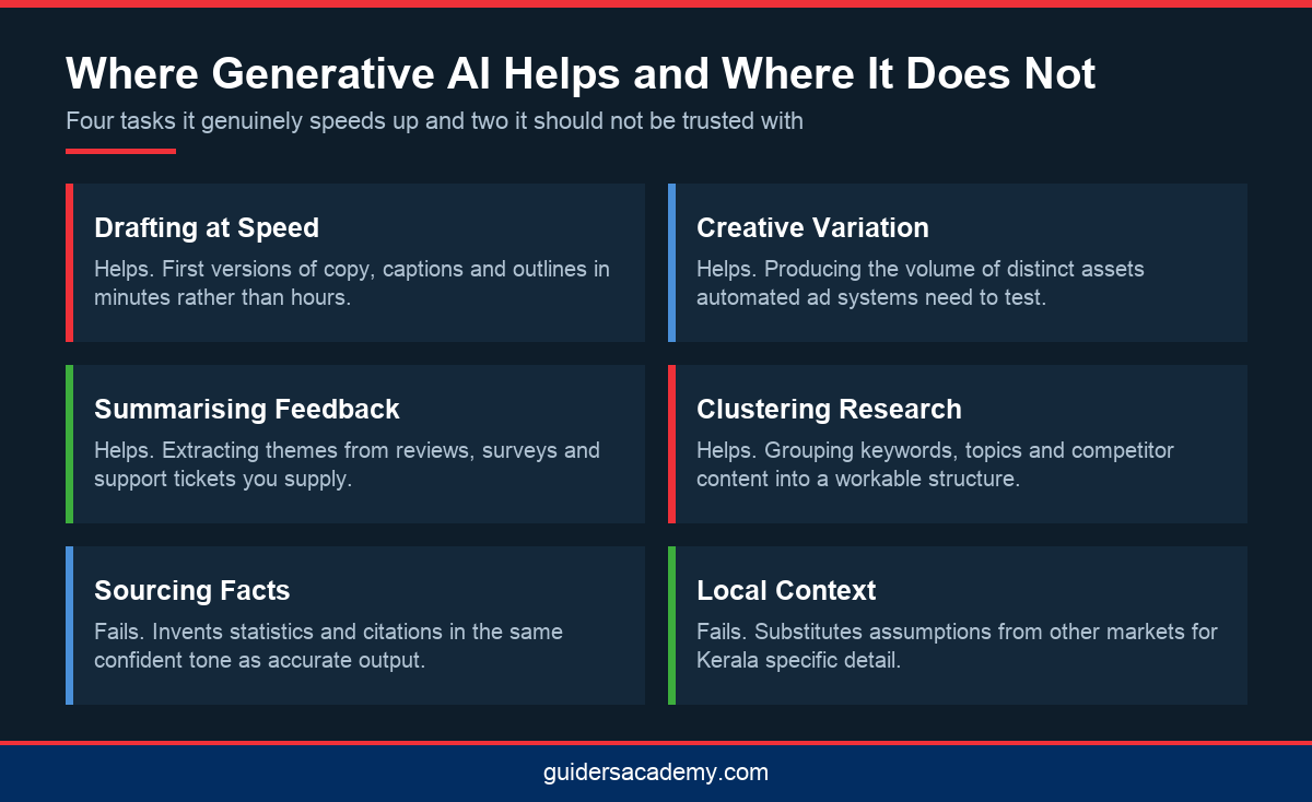Infographic comparing marketing tasks where generative AI for marketing in Kerala helps against tasks where it fails