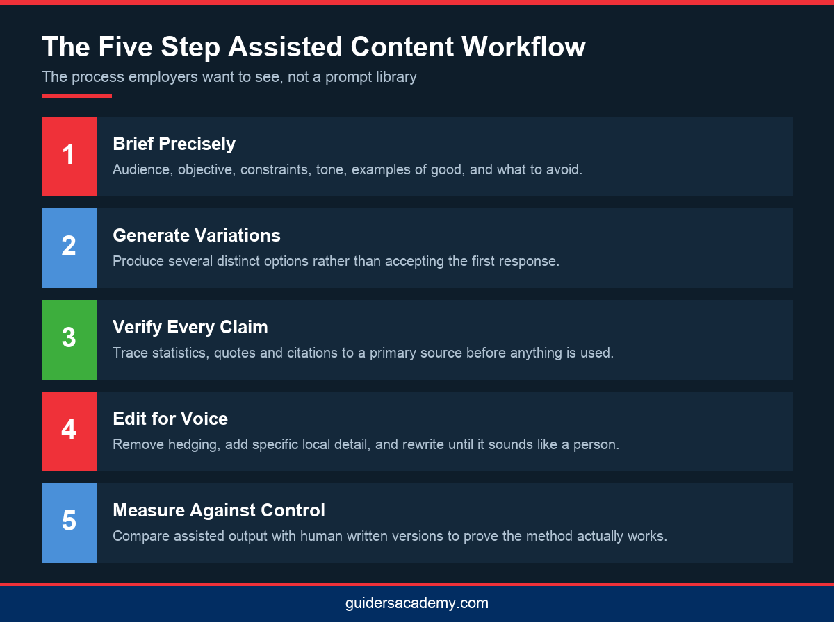 Infographic showing a five step generative AI content workflow taught in an AI integrated digital marketing course in Kerala