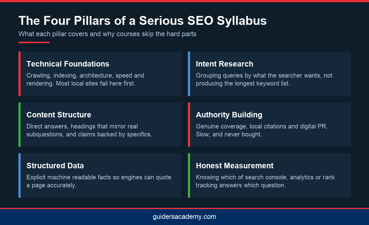 Infographic showing the four pillars of the best SEO course in Kochi covering technical, content, authority and measurement work