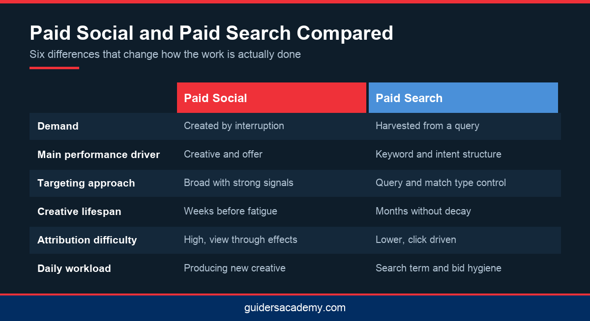 Comparison infographic of paid social and paid search for learners choosing a Meta Ads expert course in Kerala