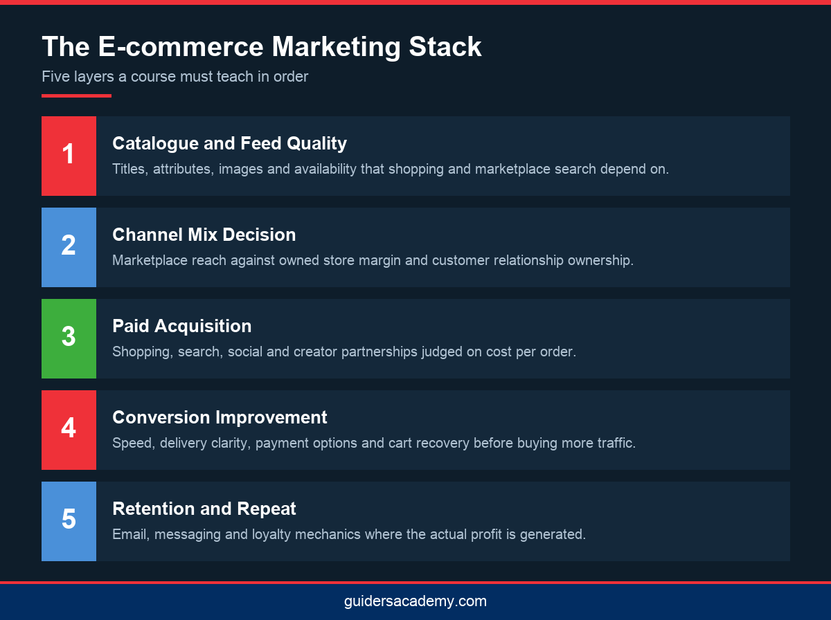 Infographic showing five layers of an e-commerce marketing course in Kerala from catalogue quality to retention