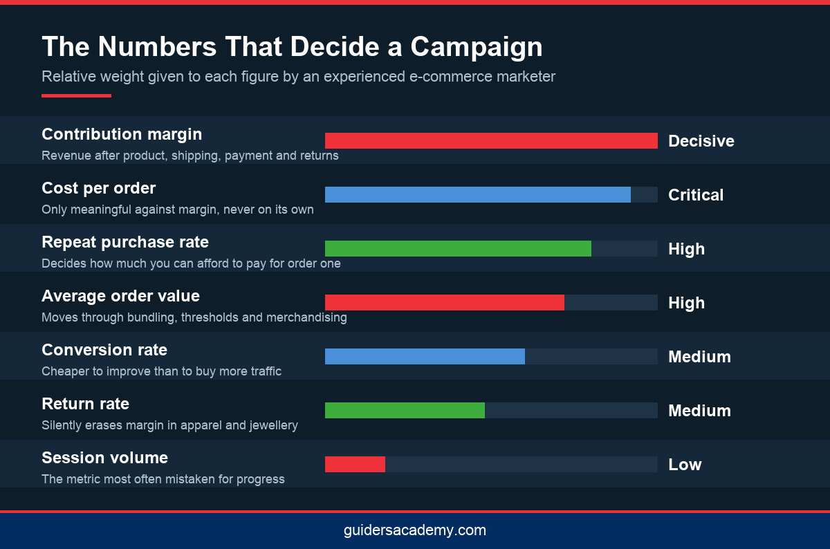Bar infographic ranking the commercial metrics that decide campaigns in an e-commerce marketing course in Kerala
