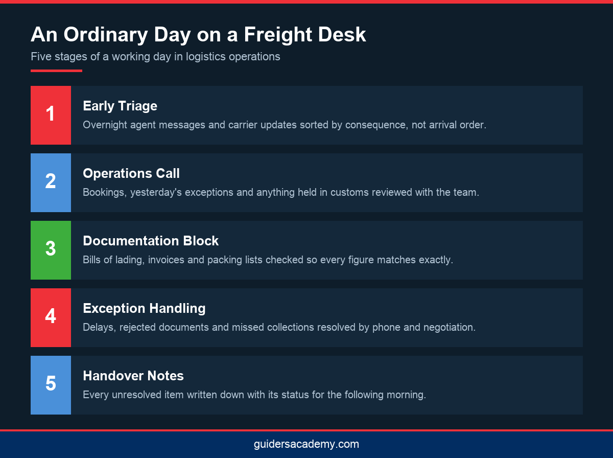 Infographic showing the five stages of a working day in a logistics graduate career in Kerala