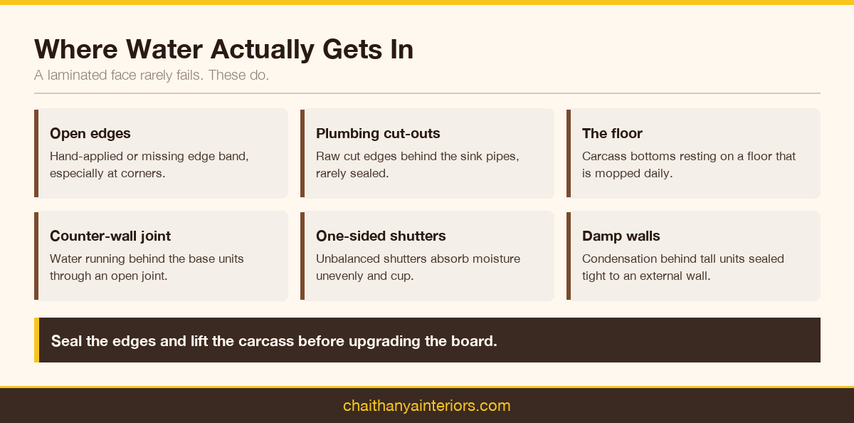 Six places where water gets into kitchen cabinets, from open edges to damp walls