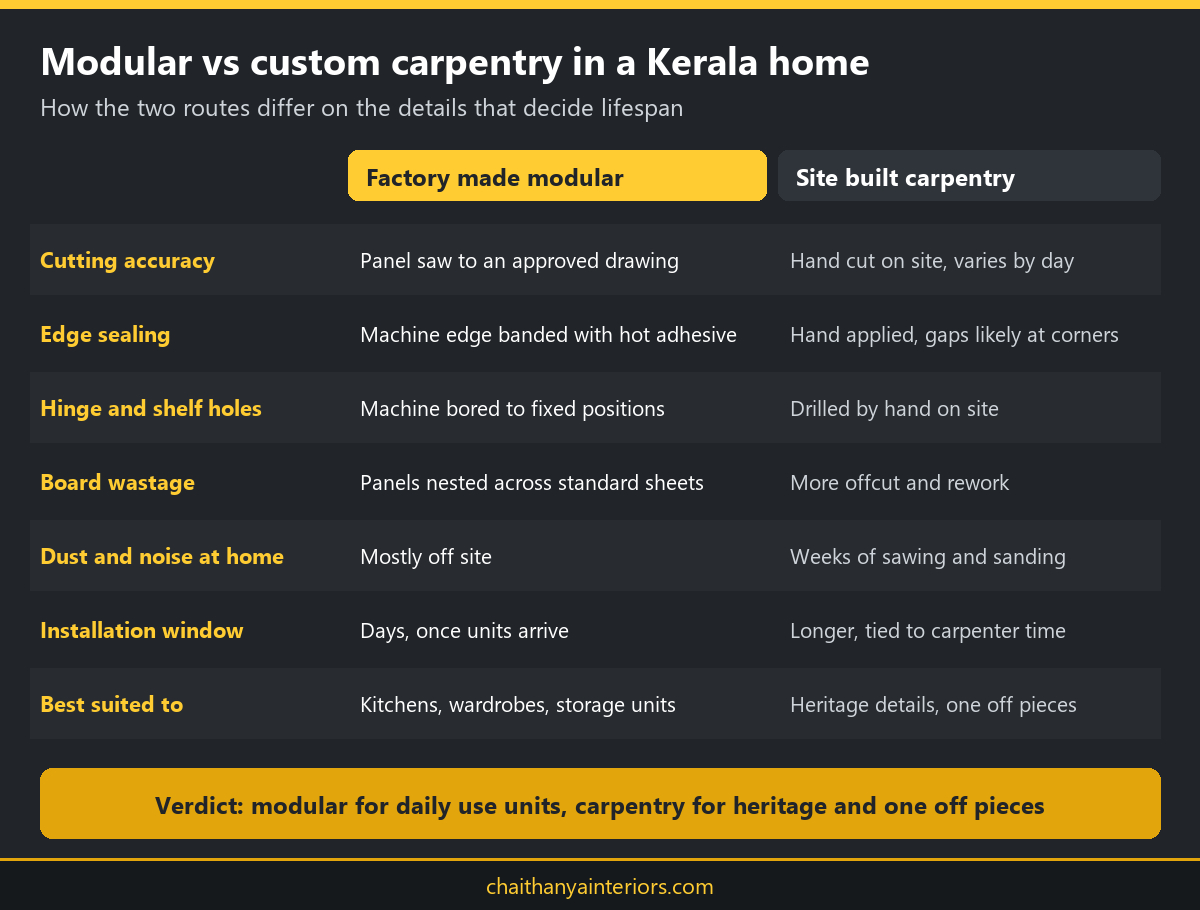 Comparison of factory made modular interiors and site built custom carpentry for Kerala homes on accuracy, edge sealing, wastage and installation