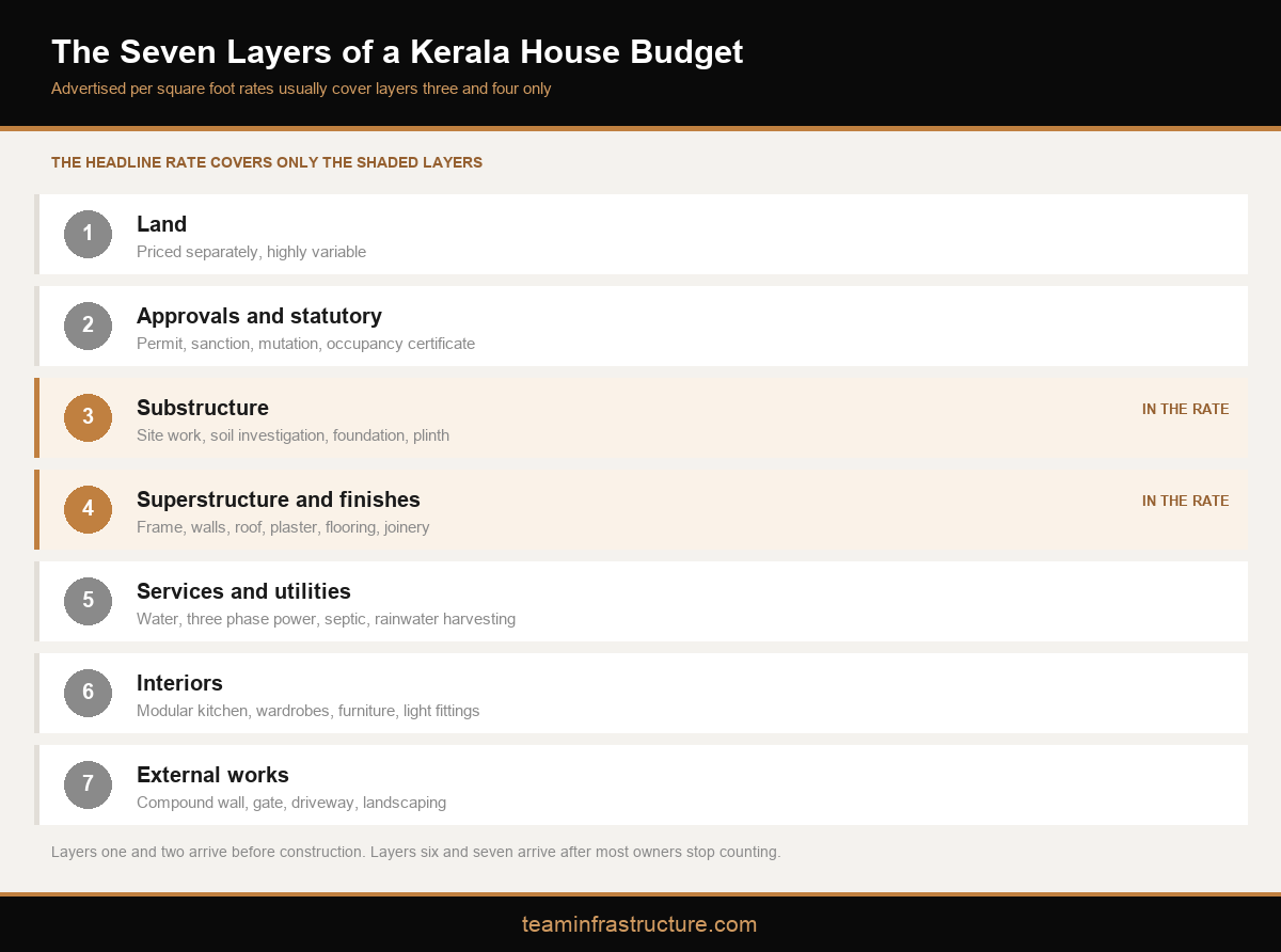Infographic showing the seven layers of a Kerala house budget and which layers the headline rate covers
