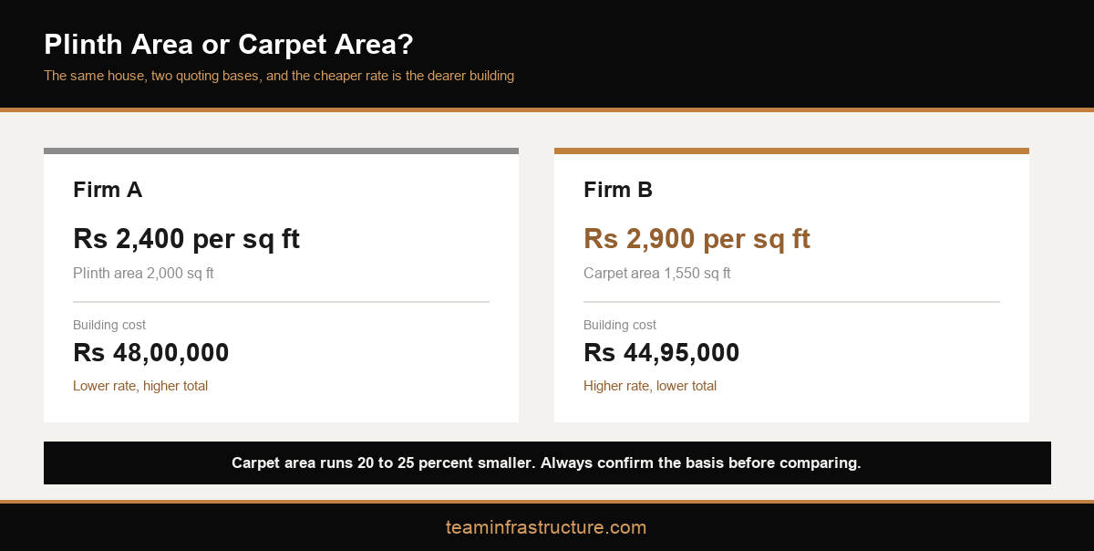 Infographic comparing plinth area and carpet area quoting bases for construction cost per square foot in Kerala