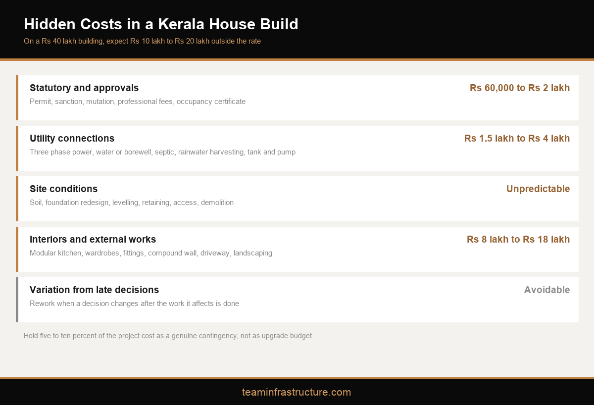 Infographic showing the five hidden cost layers in a Kerala house build with typical amounts