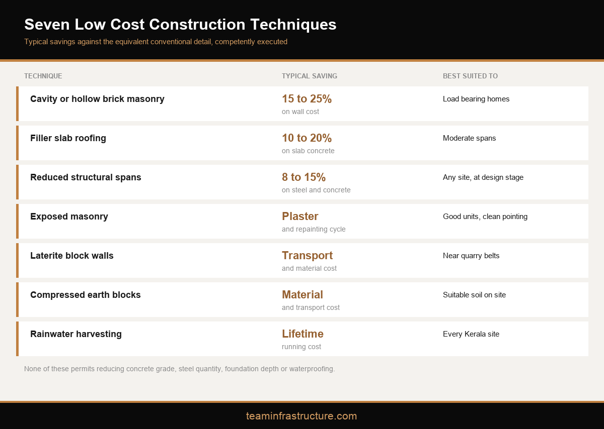 Infographic showing seven low cost house construction techniques used in Kerala