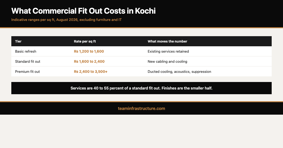Table of commercial fit out cost tiers per square foot in Kochi
