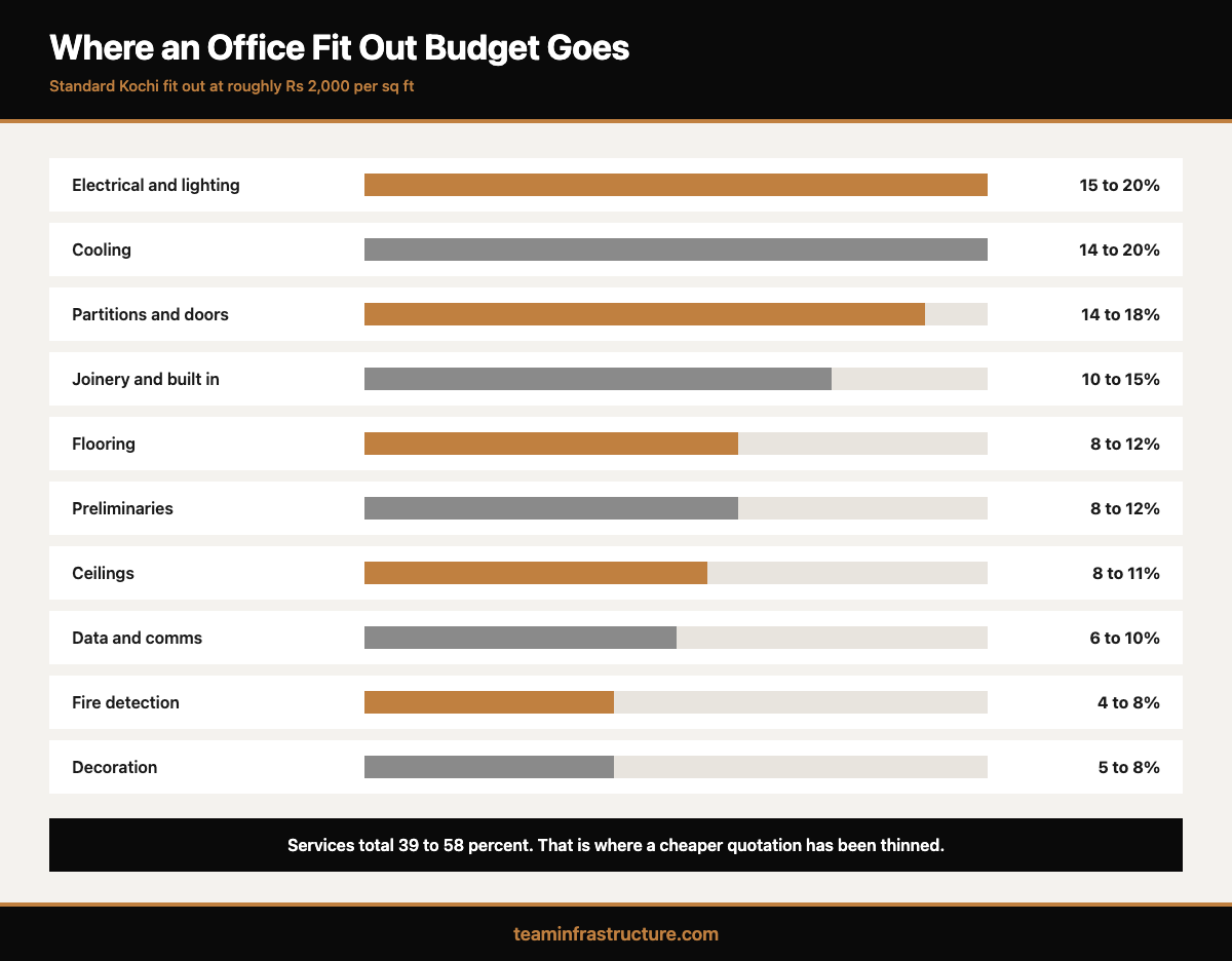 Bar chart showing where an office fit out budget is spent by element