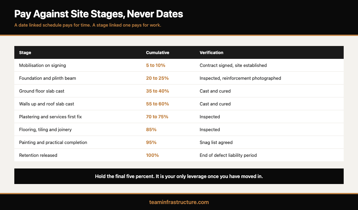 Stage linked payment schedule for a Kerala house construction contract