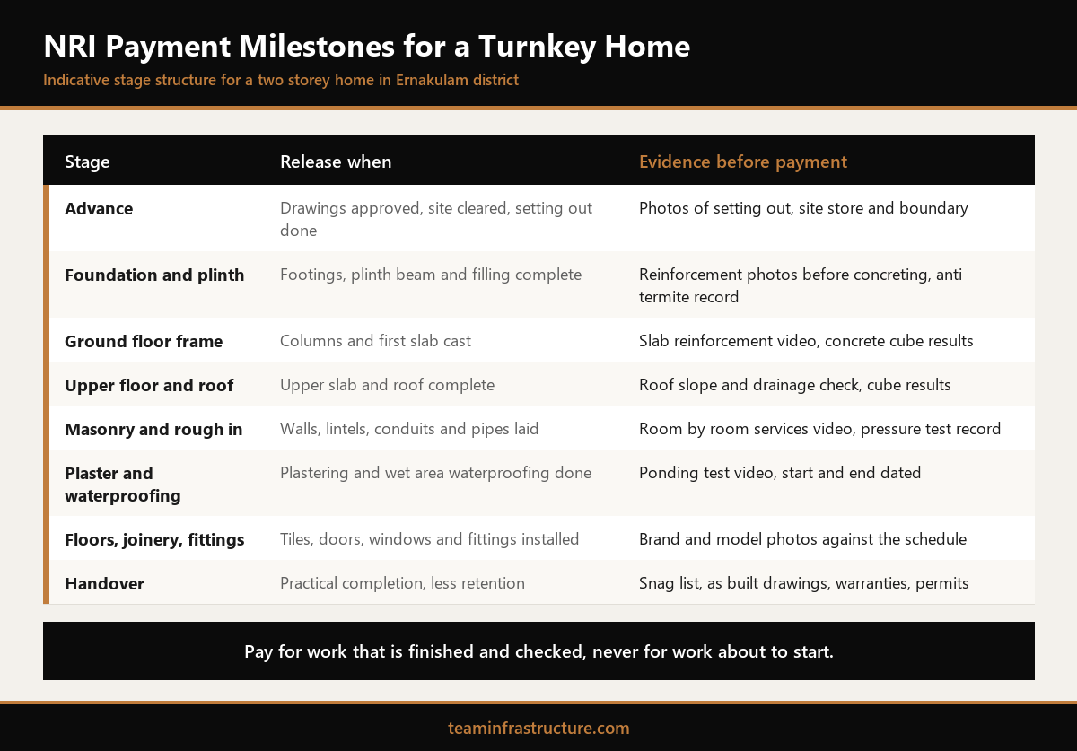 NRI payment milestones Kerala infographic showing stage wise instalments for a turnkey home with the evidence needed before each release