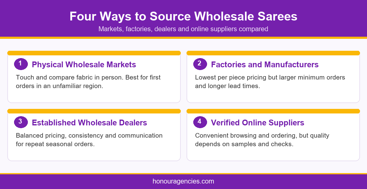 Infographic showing four ways to source wholesale sarees: physical markets, factories, dealers and online suppliers