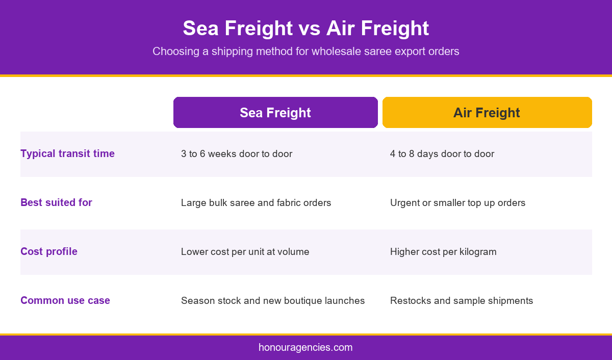 Infographic comparing sea freight and air freight transit times for saree wholesale uk, canada and usa orders