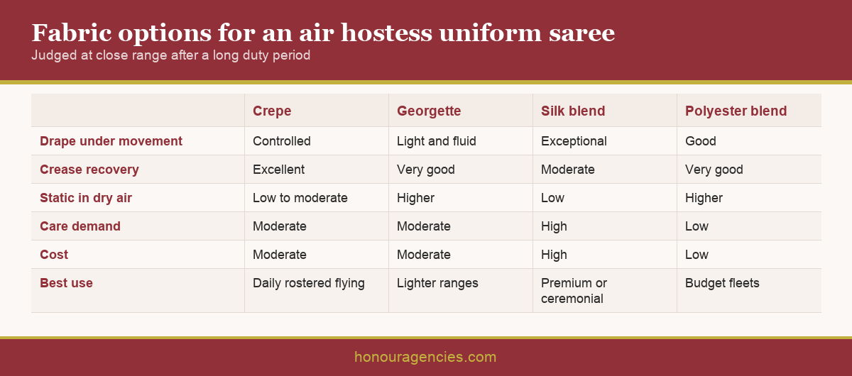 Infographic comparing crepe, georgette, silk blend and polyester blend fabrics for an air hostess uniform saree across drape, crease recovery, static and care demand