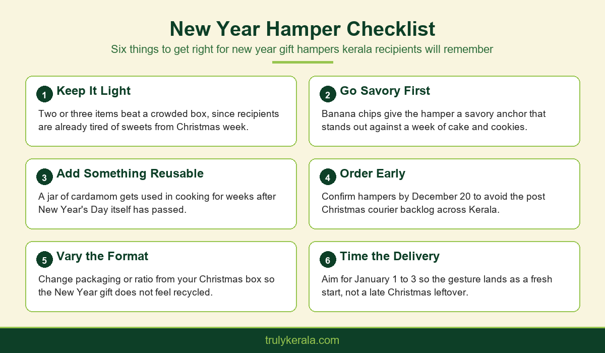 Checklist infographic for building new year gift hampers kerala offices and families can send after Christmas