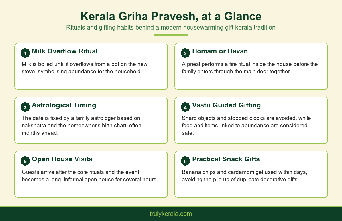 Infographic explaining Kerala griha pravesh rituals and how they shape housewarming gift kerala choices