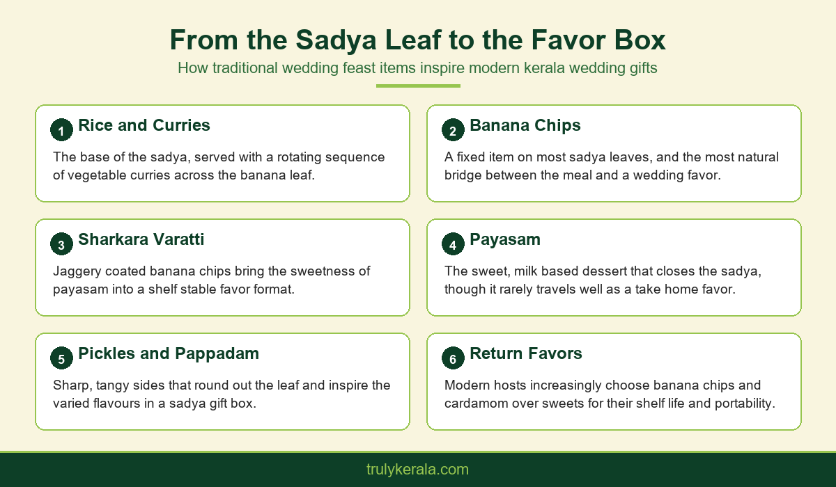 Infographic showing sadya feast items that inspire modern kerala wedding gifts and favor boxes