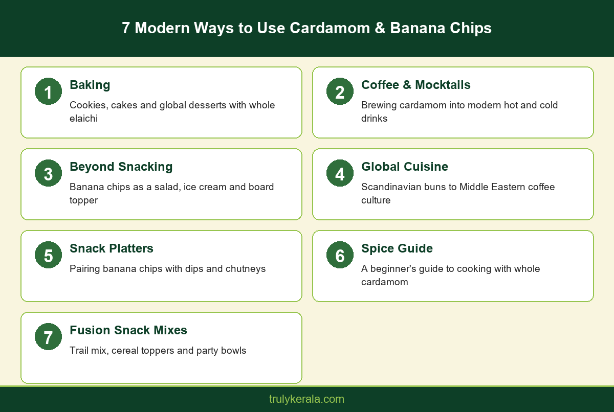 Infographic listing seven modern cardamom baking recipes and banana chips uses covered across TrulyKerala's cluster guides