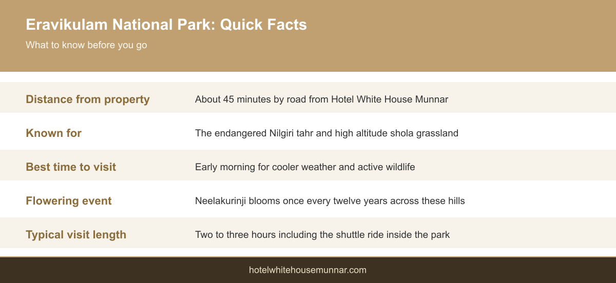 Infographic showing quick facts about visiting Eravikulam National Park from Hotel White House Munnar