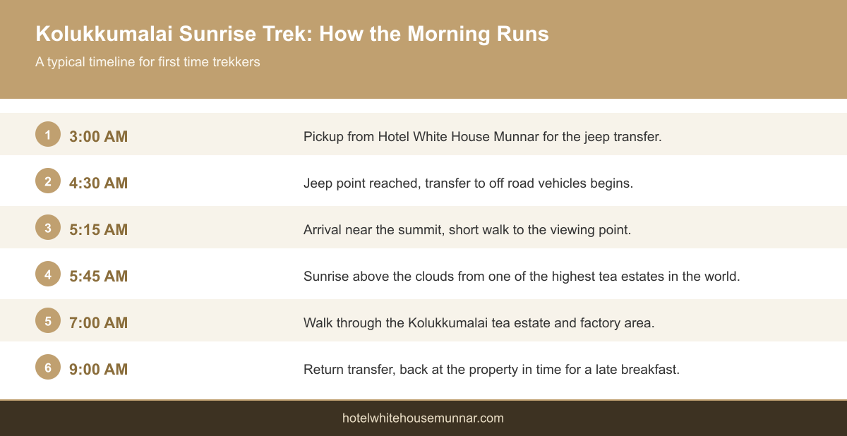 Infographic showing a typical morning timeline for the Kolukkumalai sunrise trek