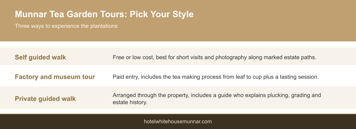 Infographic comparing self guided walks, factory tours and private guided tea garden tours in Munnar