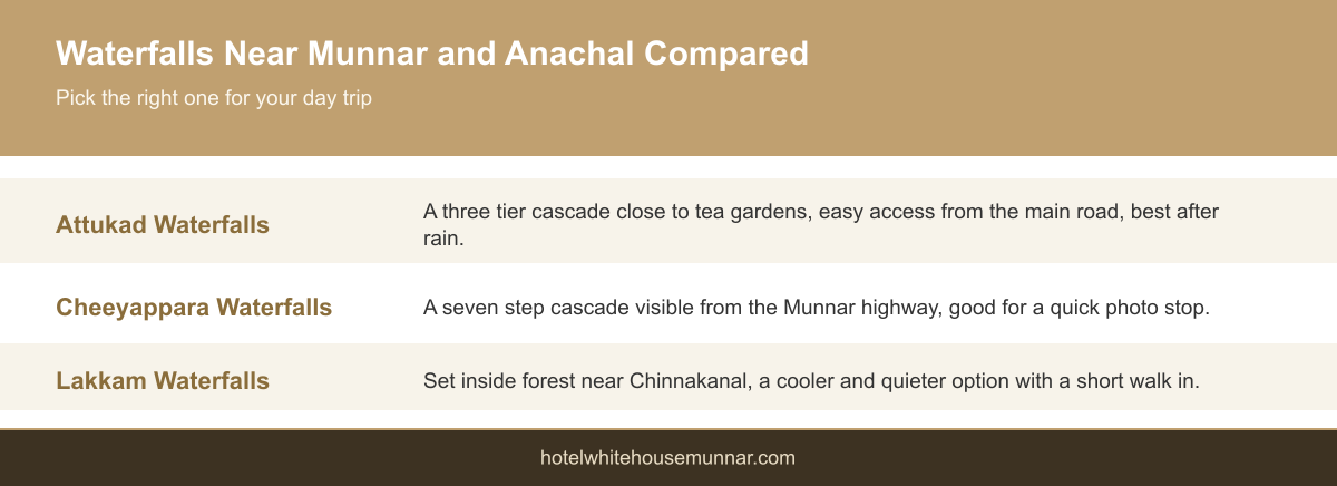 Infographic comparing Attukad, Cheeyappara and Lakkam waterfalls near Munnar