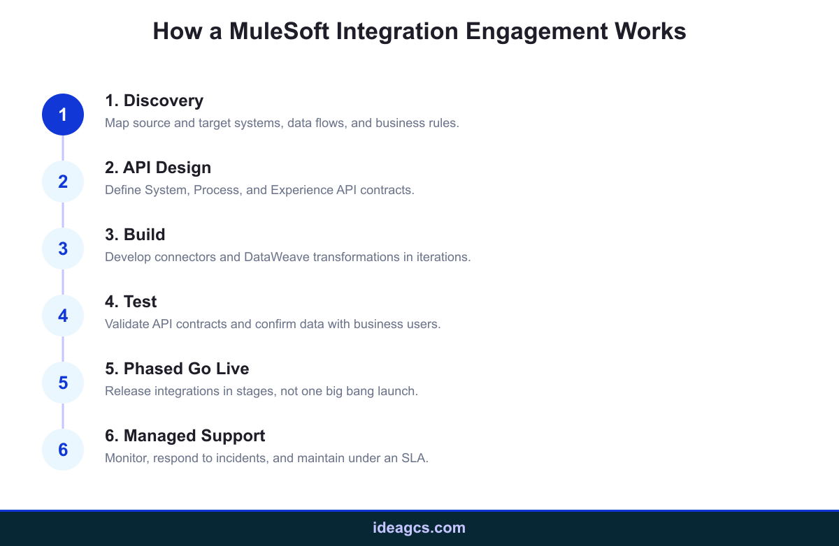 Infographic showing the six step process for a MuleSoft integration engagement