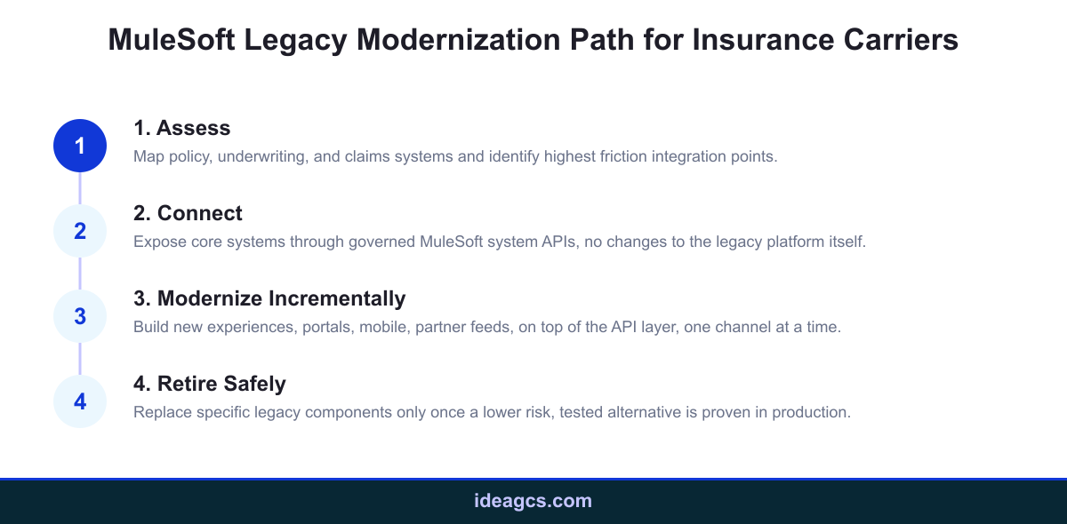 Infographic showing the four phase MuleSoft legacy modernization path for insurance carriers: assess, connect, modernize incrementally, retire safely