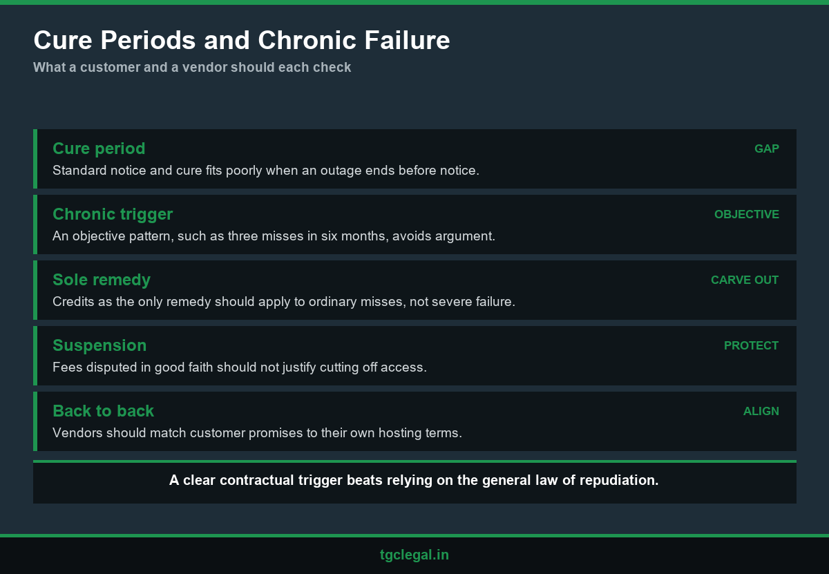 Cure periods and chronic failure triggers mapped by a SaaS contract lawyer