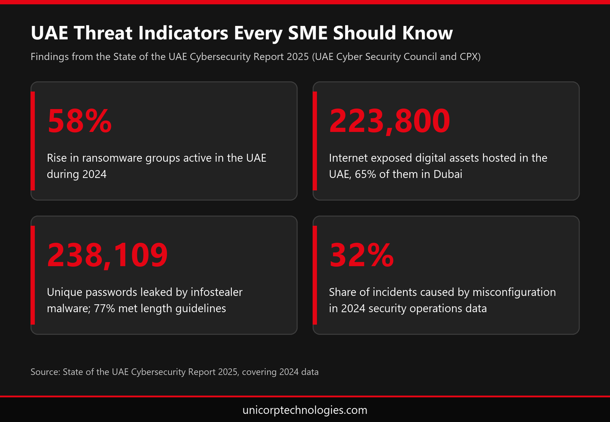 Infographic showing UAE threat indicators for SMEs: 58% rise in active ransomware groups, 223,800 exposed digital assets and 238,109 leaked passwords