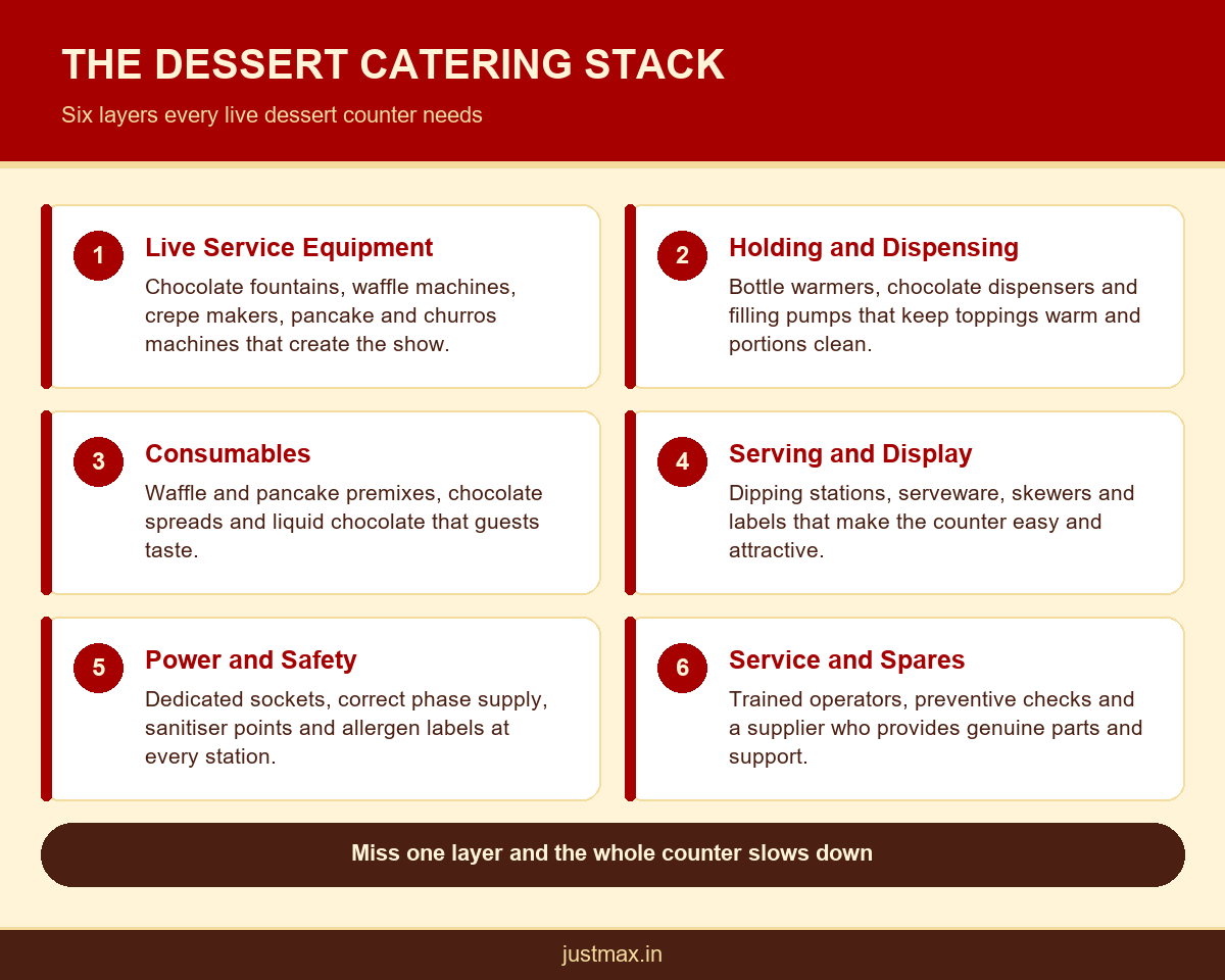 Infographic showing the six layers of dessert catering supplies from live equipment to service and spares