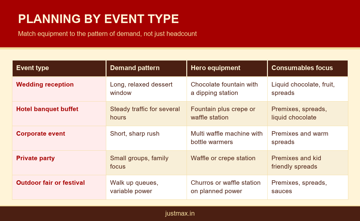 Infographic comparing catering equipment for events by event type, format and consumables focus