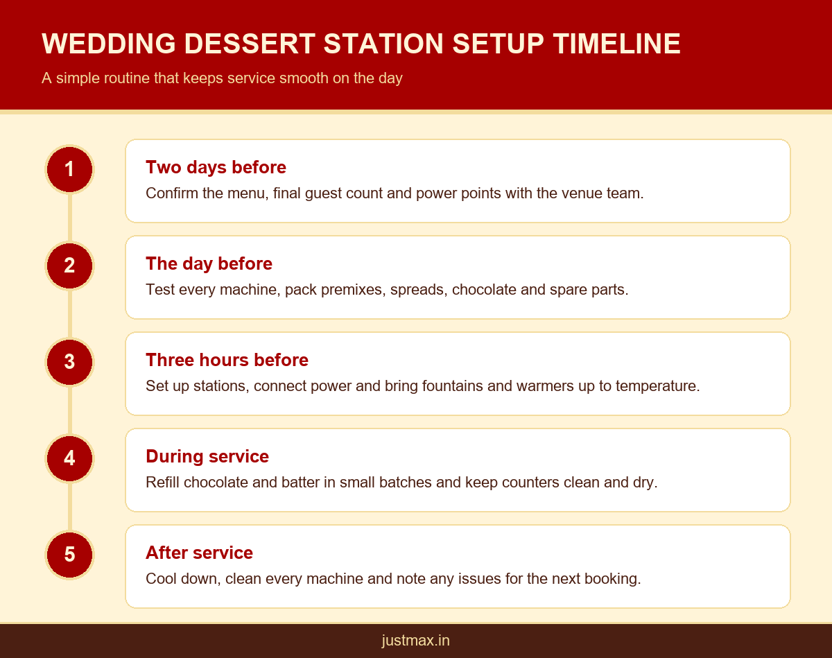 Infographic showing a five step setup timeline for a live dessert station for weddings