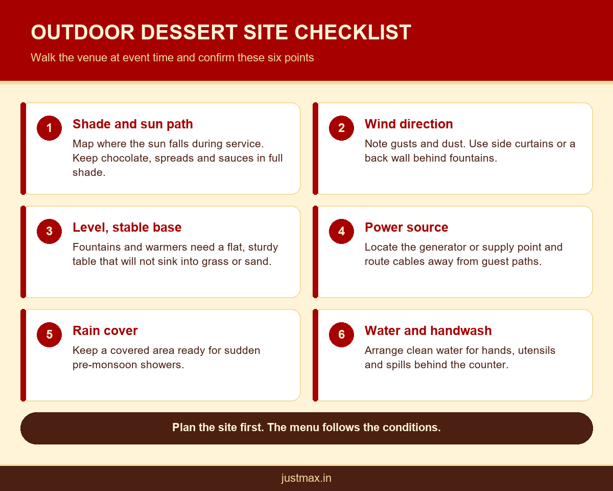Outdoor dessert catering site checklist covering shade, wind, level base, power, rain cover and handwash water