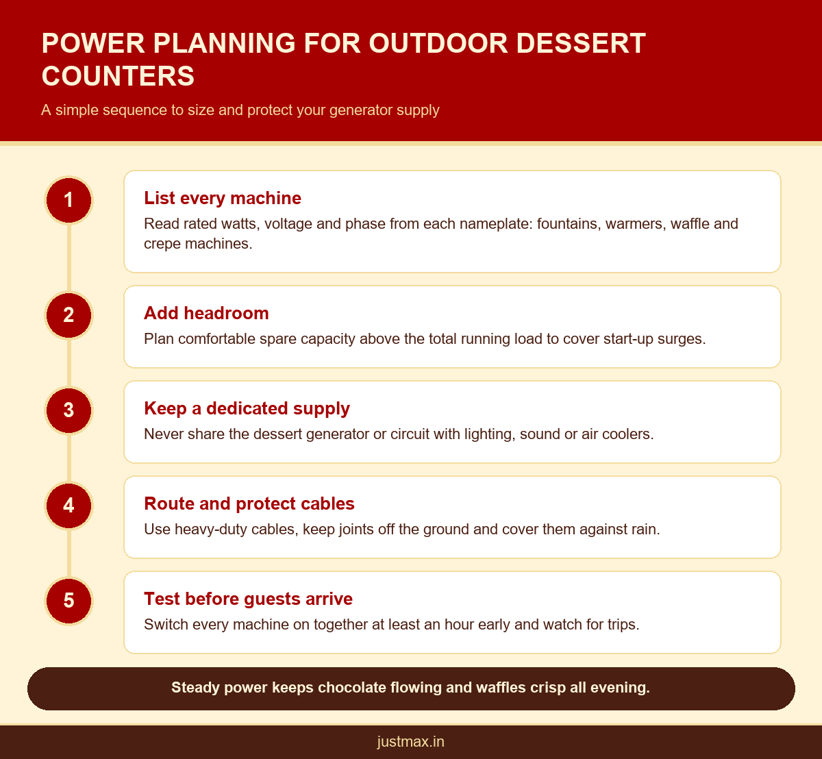 Power planning steps for choosing a generator for catering equipment at outdoor dessert events