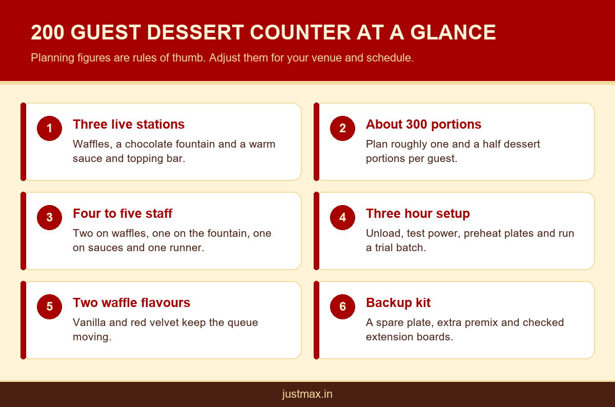 Infographic summarising stations, portions and staff for corporate event dessert catering at 200 guests
