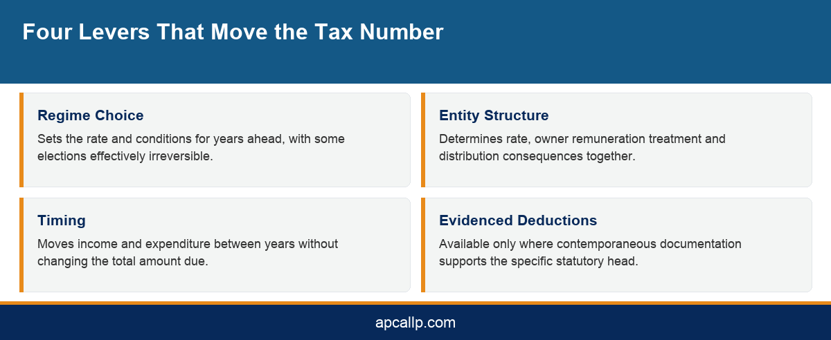 Infographic showing the four main tax planning levers available to Indian businesses