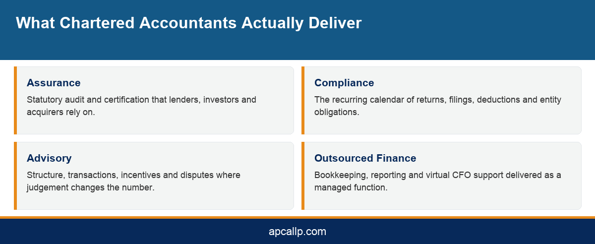 Infographic showing the four service areas chartered accountants deliver for Indian businesses