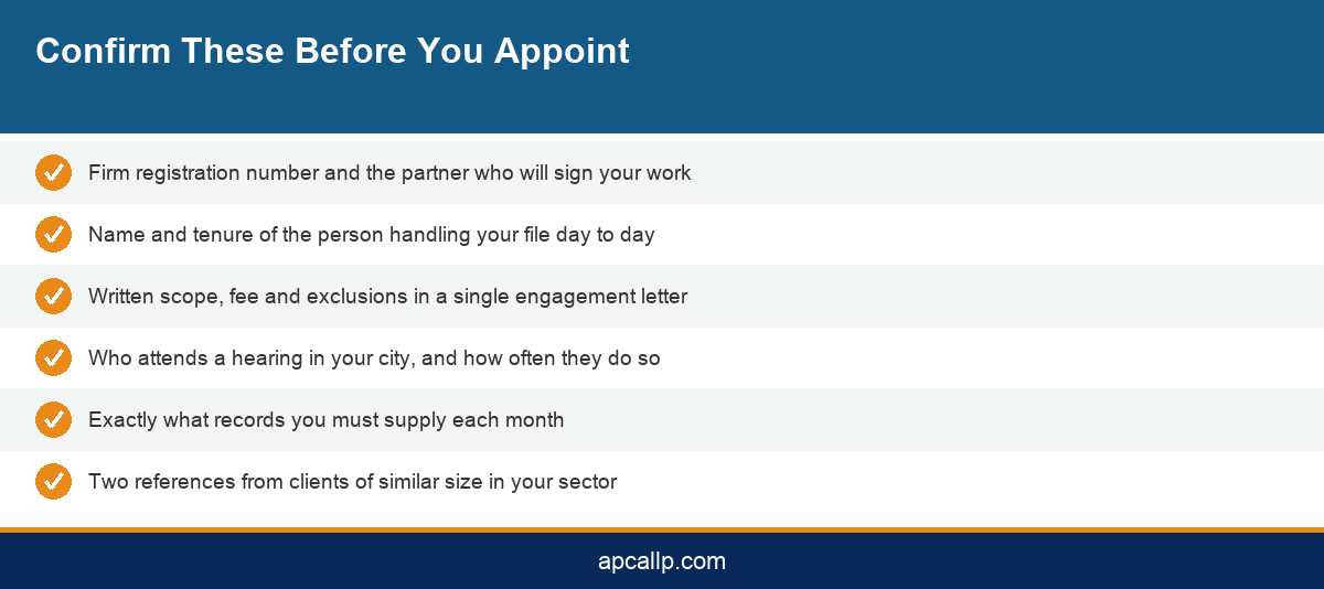Infographic checklist of what to confirm before appointing a chartered accountant firm in India