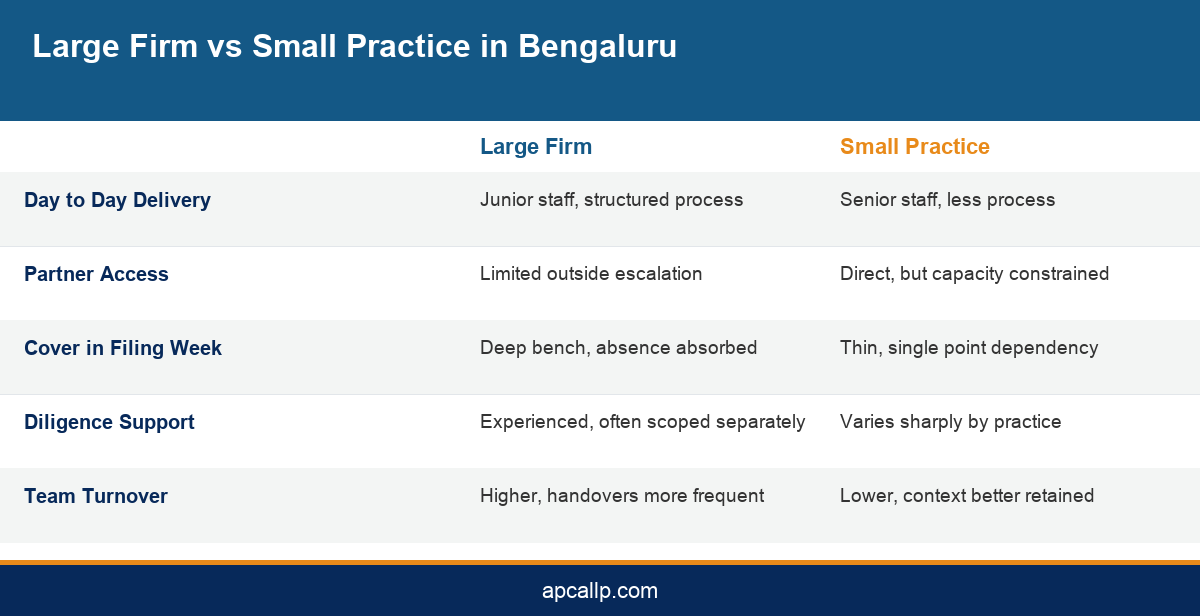 Comparison infographic of large and small CA firms in Bengaluru across delivery model and cover
