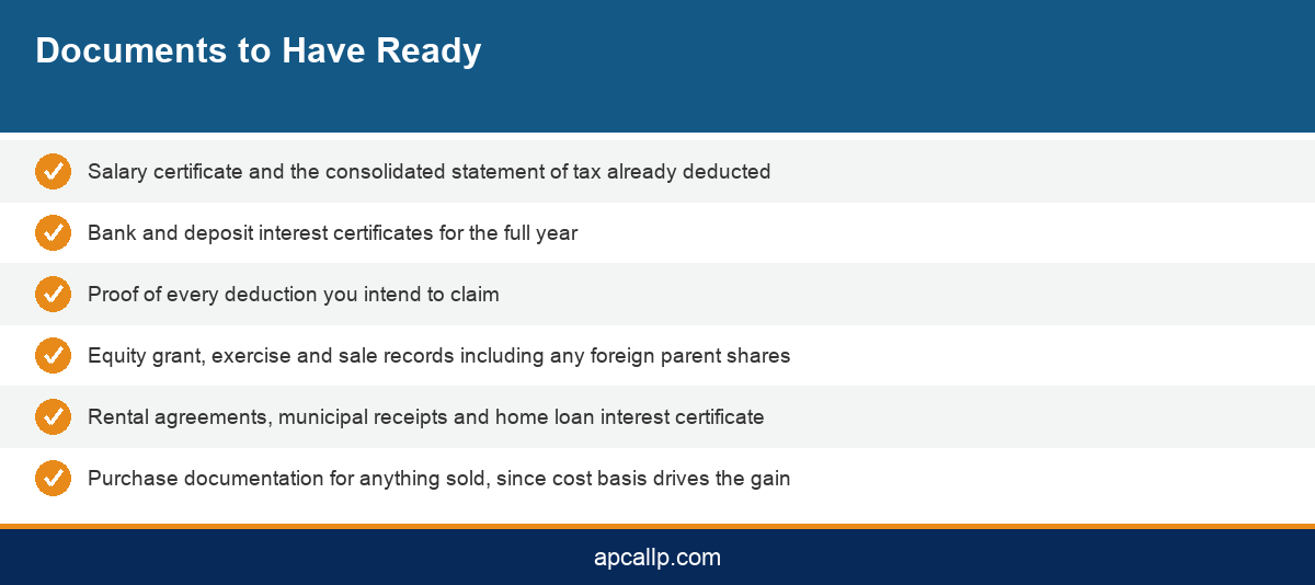Infographic listing the documents income tax filing consultants will ask for